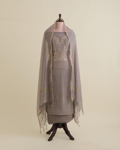 Cement Grey Fine Chanderi Embroidered Suit with Dupatta & Shantoon Bottom
