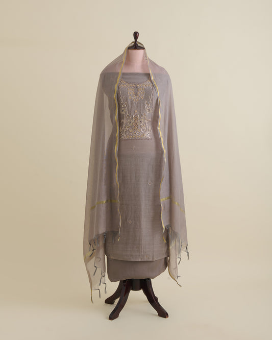 Cement Grey Fine Chanderi Embroidered Suit with Dupatta & Shantoon Bottom