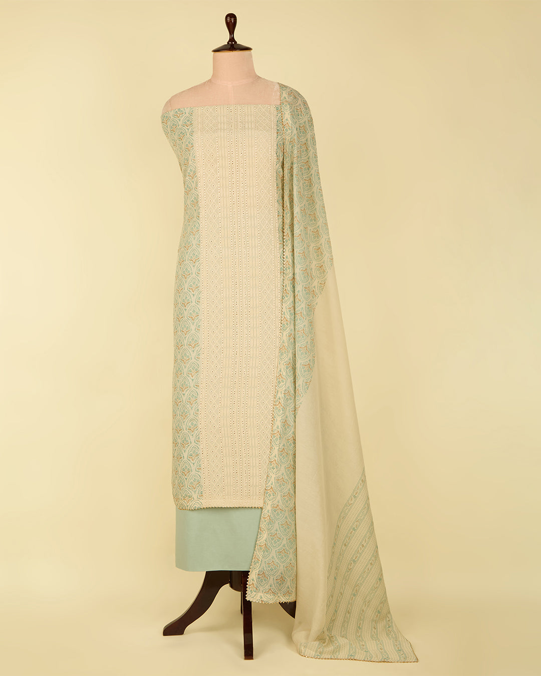 Dusty Green Muslin Kurta with Block Print, Resham & Hakoba Work