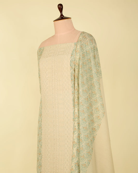 Dusty Green Muslin Suit with Block Print and Hakoba Detailing