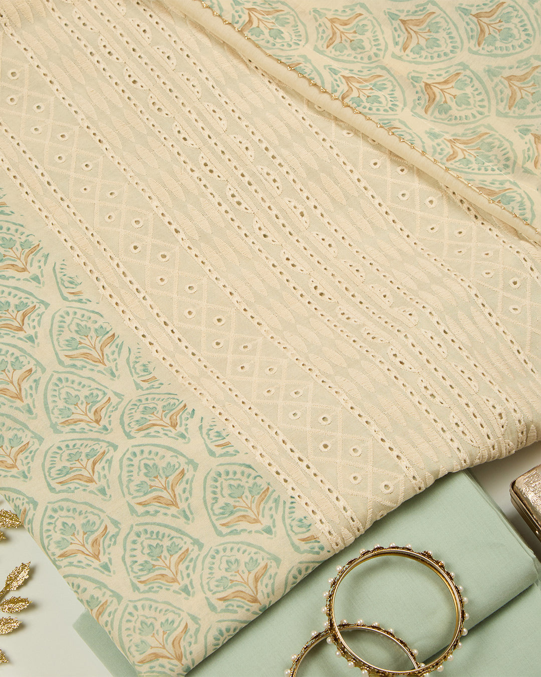 Dusty Green Muslin Suit with Block Print and Hakoba Detailing