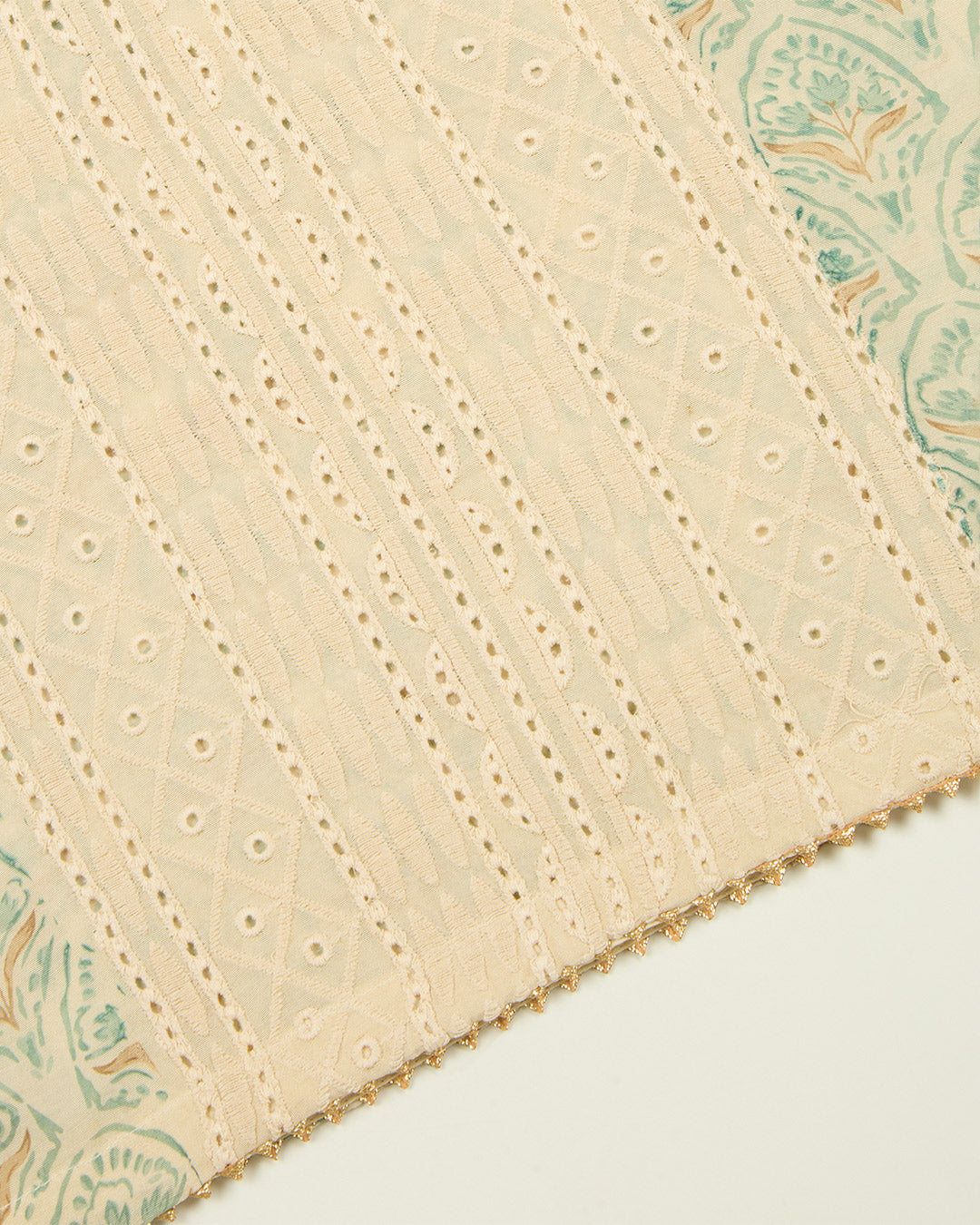 Dusty Green Muslin Suit with Block Print and Hakoba Detailing