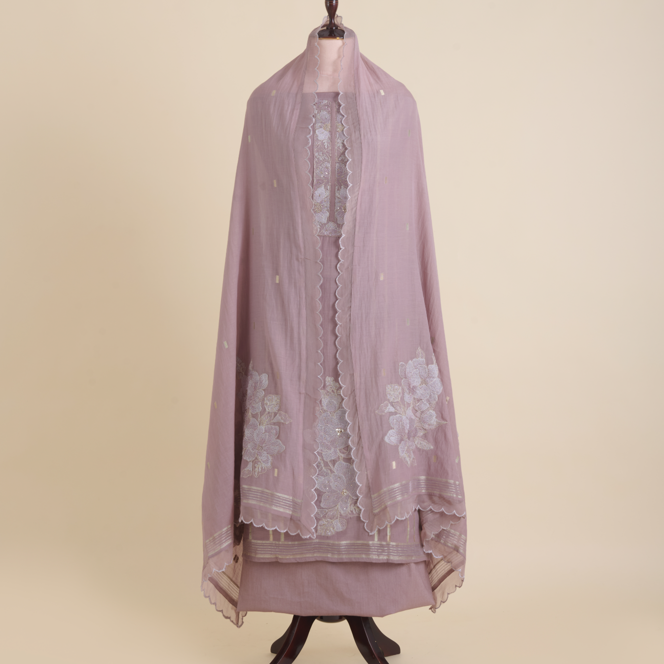 Dusty Mauve Fine Chanderi Resham Embroidered Kurta Set