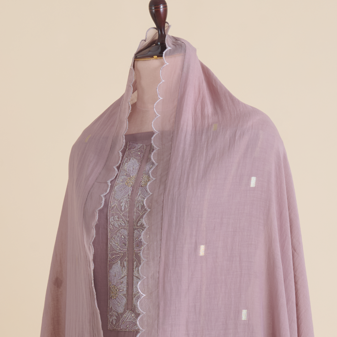 Dusty Mauve Fine Chanderi Resham Embroidered Kurta Set