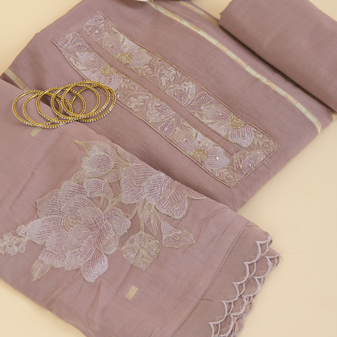 Dusty Mauve Fine Chanderi Resham Embroidered Kurta Set