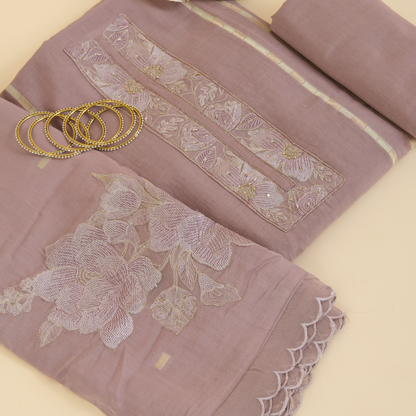 Dusty Mauve Fine Chanderi Resham Embroidered Kurta Set