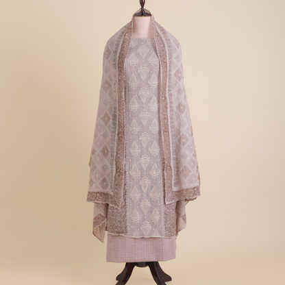 Dusty Mauve Fine Chanderi Printed Embroidered Suit Set
