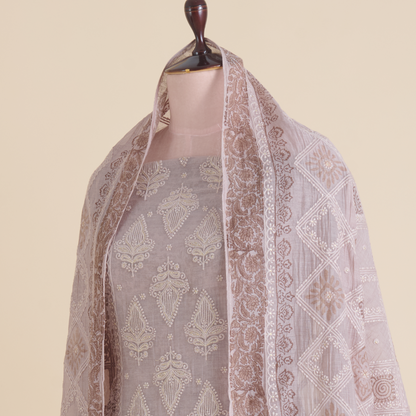 Dusty Mauve Fine Chanderi Printed Embroidered Suit Set