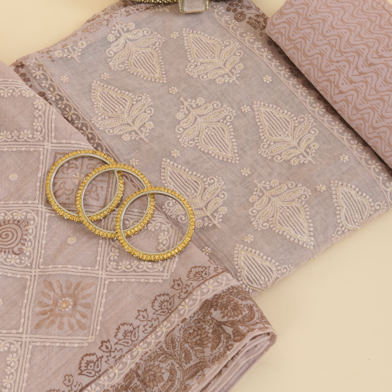Dusty Mauve Fine Chanderi Printed Embroidered Suit Set