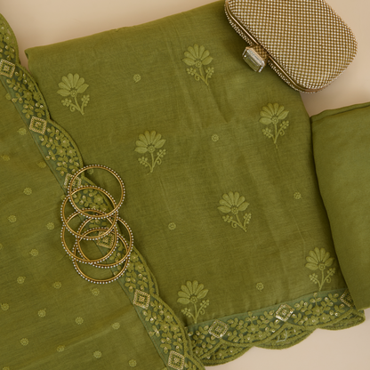 Dark Mehndi Green Fine Chanderi Self Embroidered Buta Suit