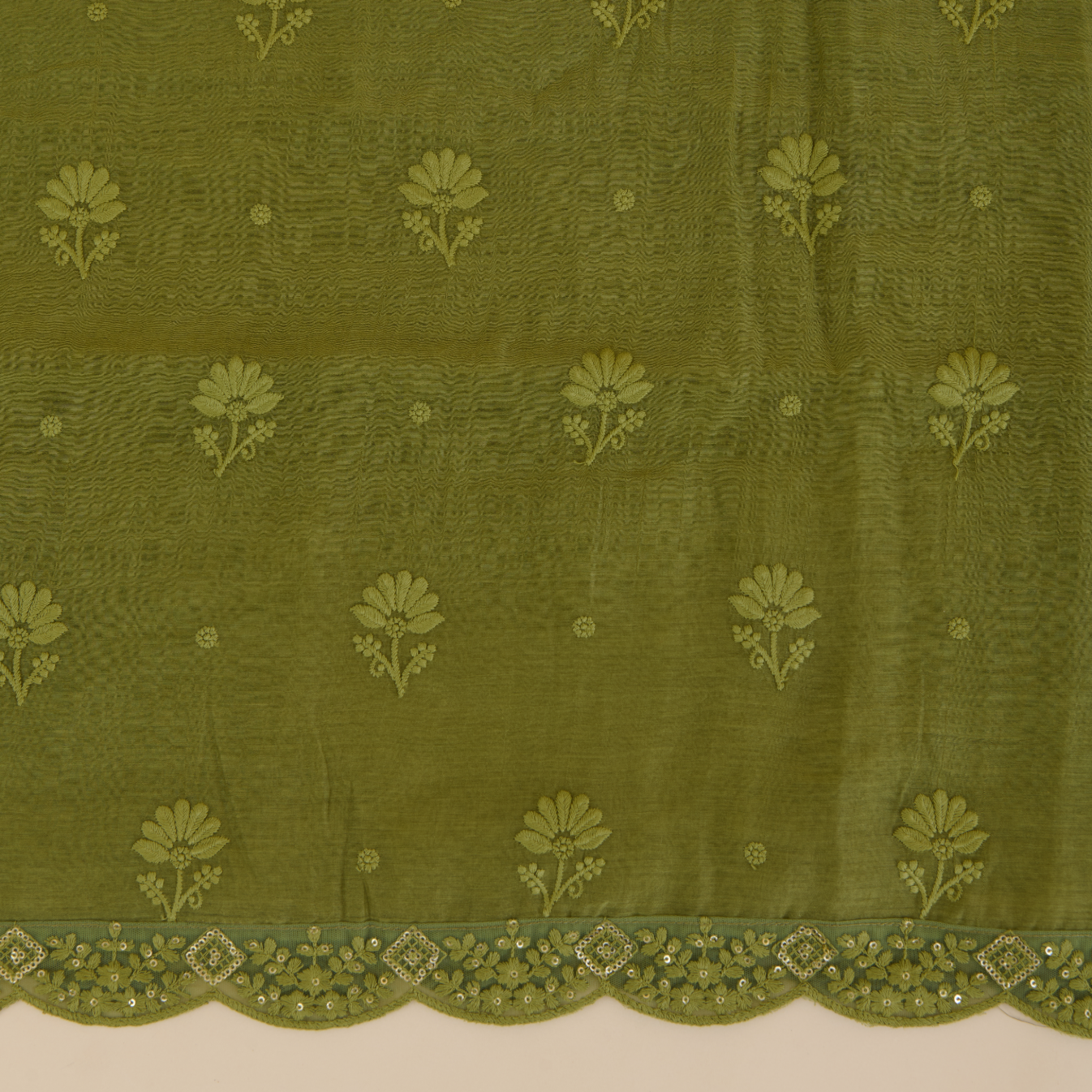 Dark Mehndi Green Fine Chanderi Self Embroidered Buta Suit