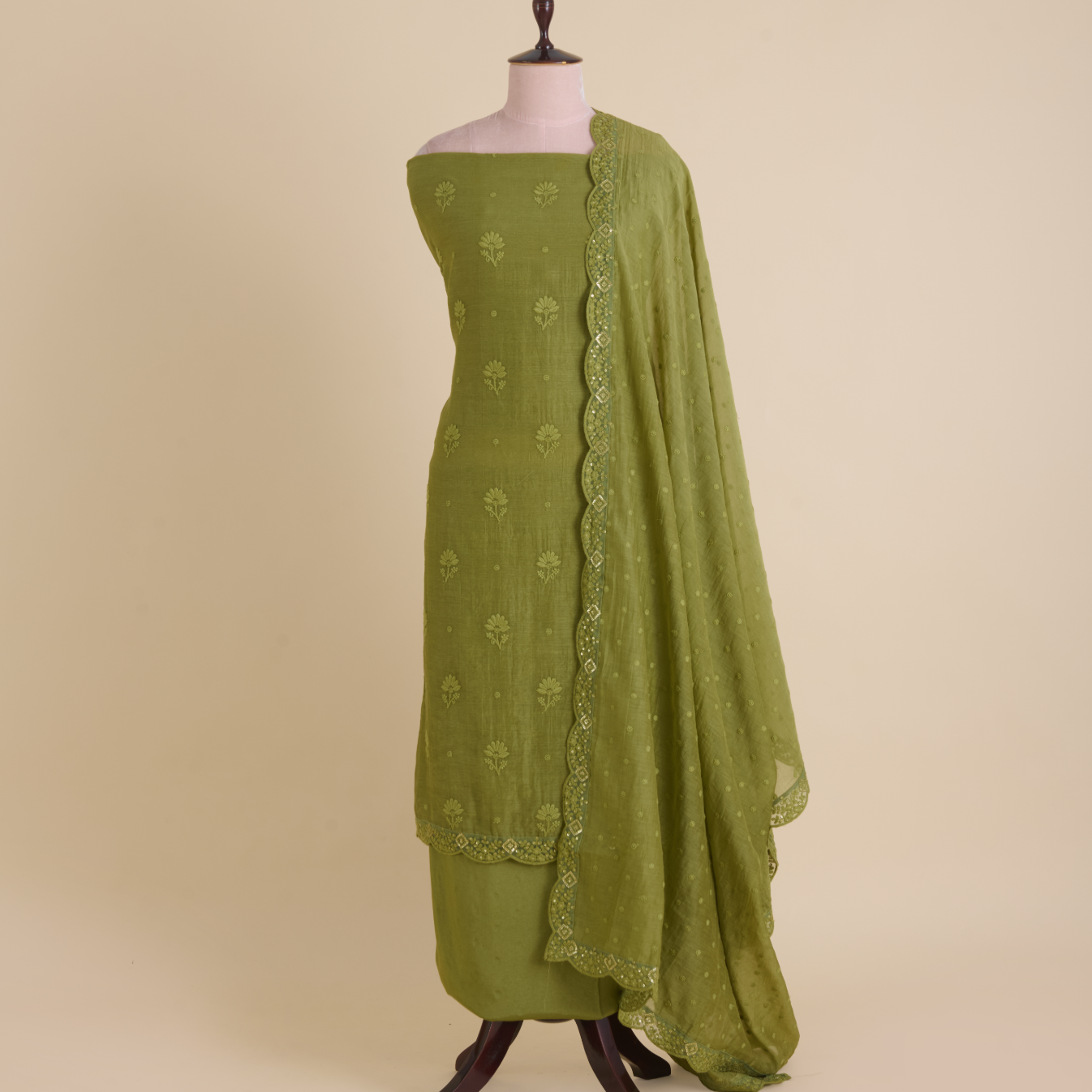 Dark Mehndi Green Fine Chanderi Self Embroidered Buta Suit