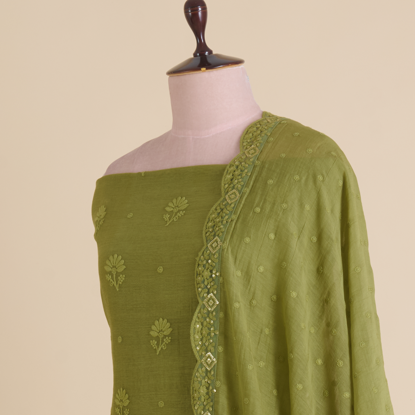 Dark Mehndi Green Fine Chanderi Self Embroidered Buta Suit