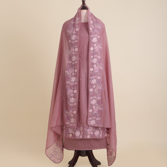 Dusty Brown Fine Chanderi Thread Embroidered Kurta Set