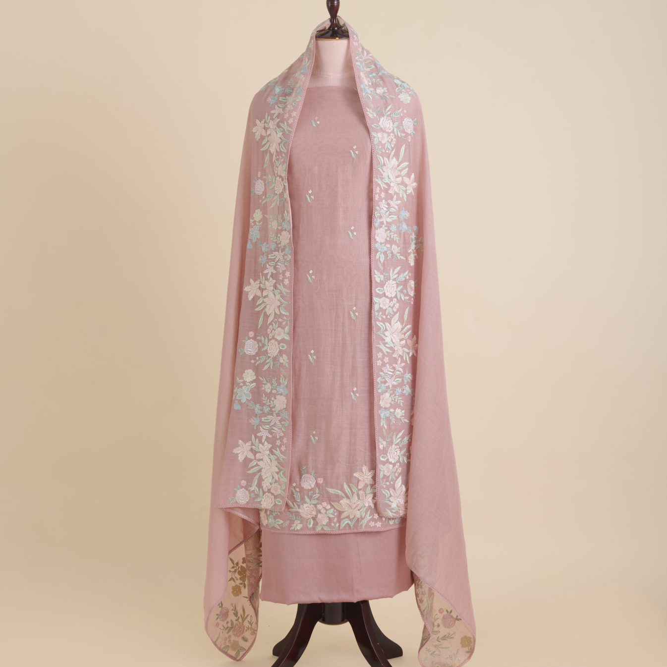 Onion Pink Fine Chanderi Thread Embroidered Suit Set