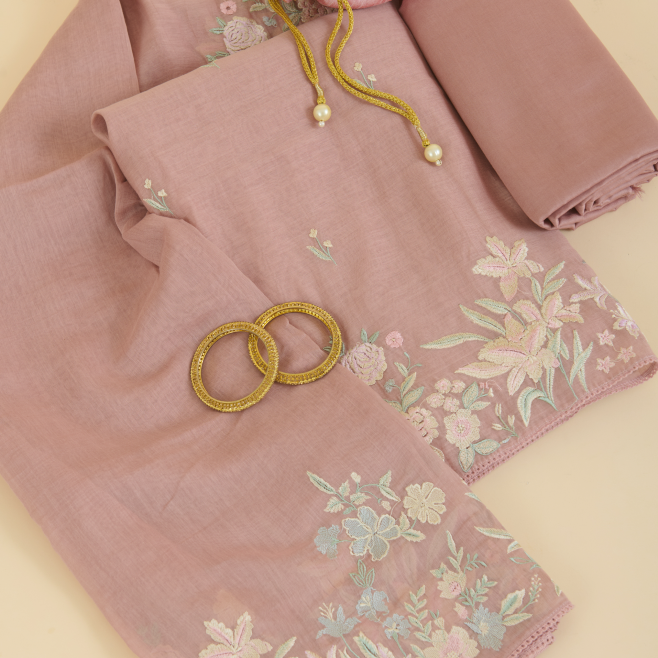 Onion Pink Fine Chanderi Thread Embroidered Suit Set