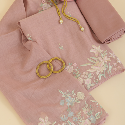 Onion Pink Fine Chanderi Thread Embroidered Suit Set