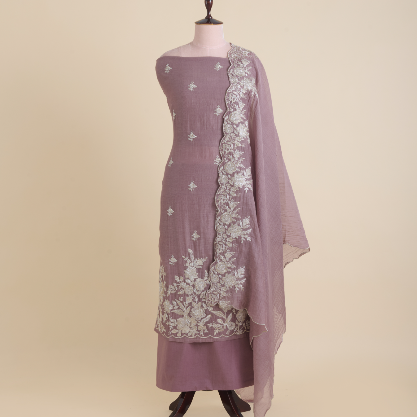Dusty Mauve Fine Chanderi Zari Dori Embroidered Kurta Set