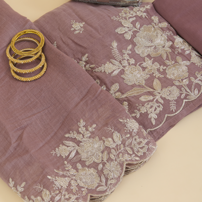 Dusty Mauve Fine Chanderi Zari Dori Embroidered Kurta Set