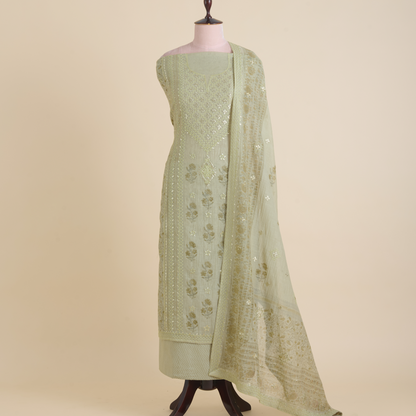 Dusty Green Fine Chanderi Printed Embroidered Suit Set