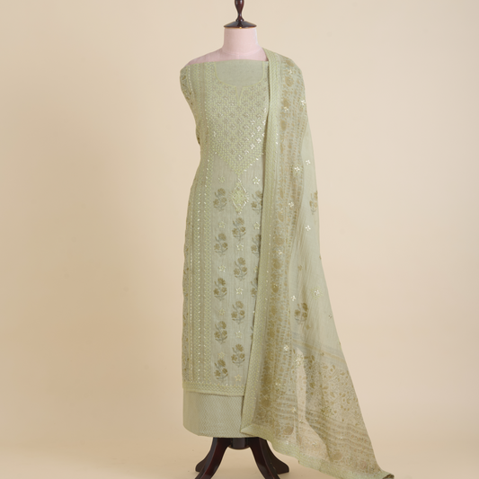 Dusty Green Fine Chanderi Printed Embroidered Suit Set