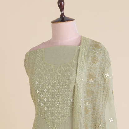 Dusty Green Fine Chanderi Printed Embroidered Suit Set
