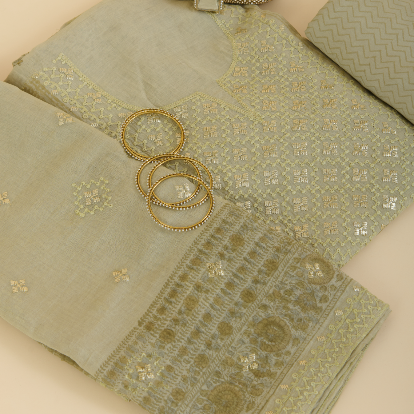 Dusty Green Fine Chanderi Printed Embroidered Suit Set