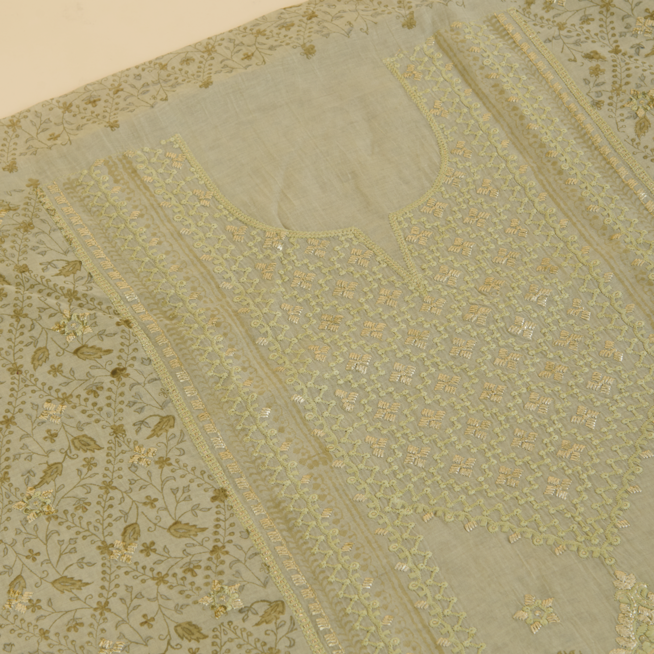 Dusty Green Fine Chanderi Printed Embroidered Suit Set