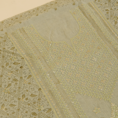 Dusty Green Fine Chanderi Printed Embroidered Suit Set
