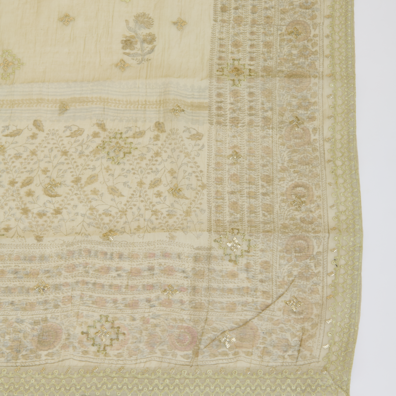Dusty Green Fine Chanderi Printed Embroidered Suit Set