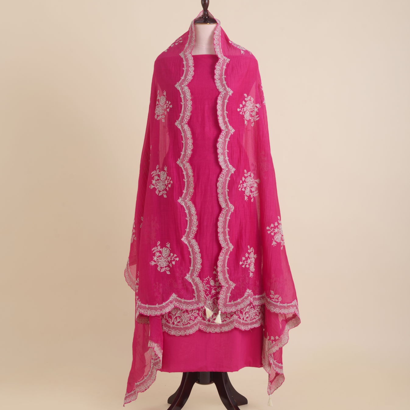 Dark Pink Fine Chanderi Thread Embroidered Kurta Set