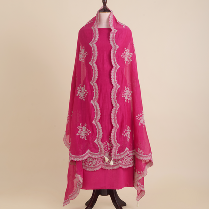 Dark Pink Fine Chanderi Thread Embroidered Kurta Set