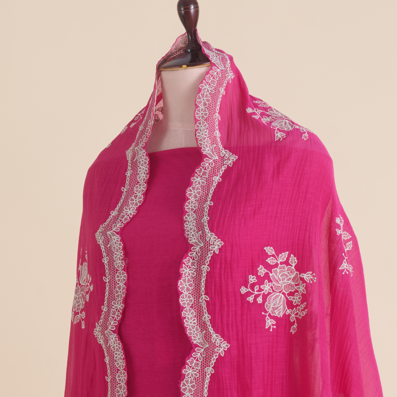 Dark Pink Fine Chanderi Thread Embroidered Kurta Set