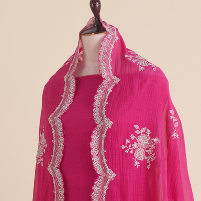 Dark Pink Fine Chanderi Thread Embroidered Kurta Set