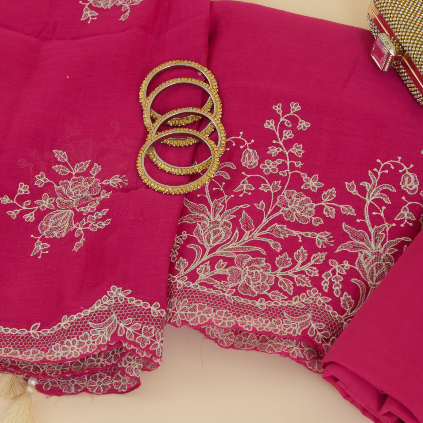 Dark Pink Fine Chanderi Thread Embroidered Kurta Set