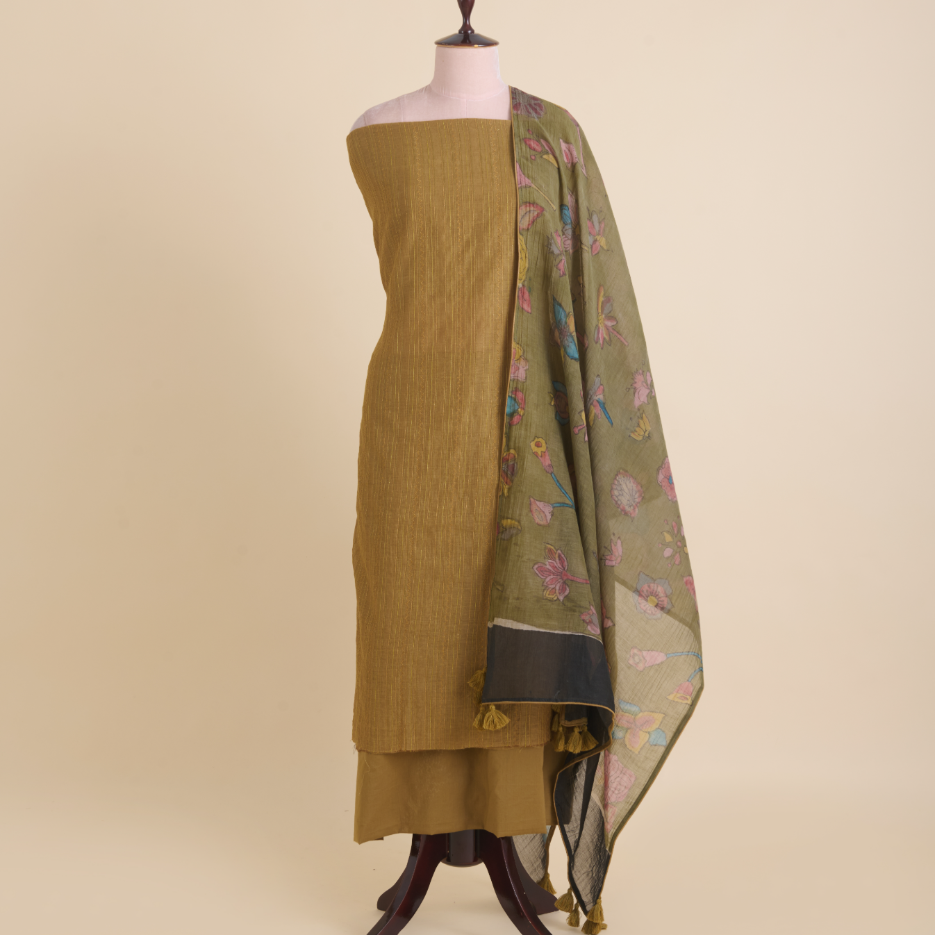 Beige Gold Fine Chanderi Self Embroidered Kurta Set