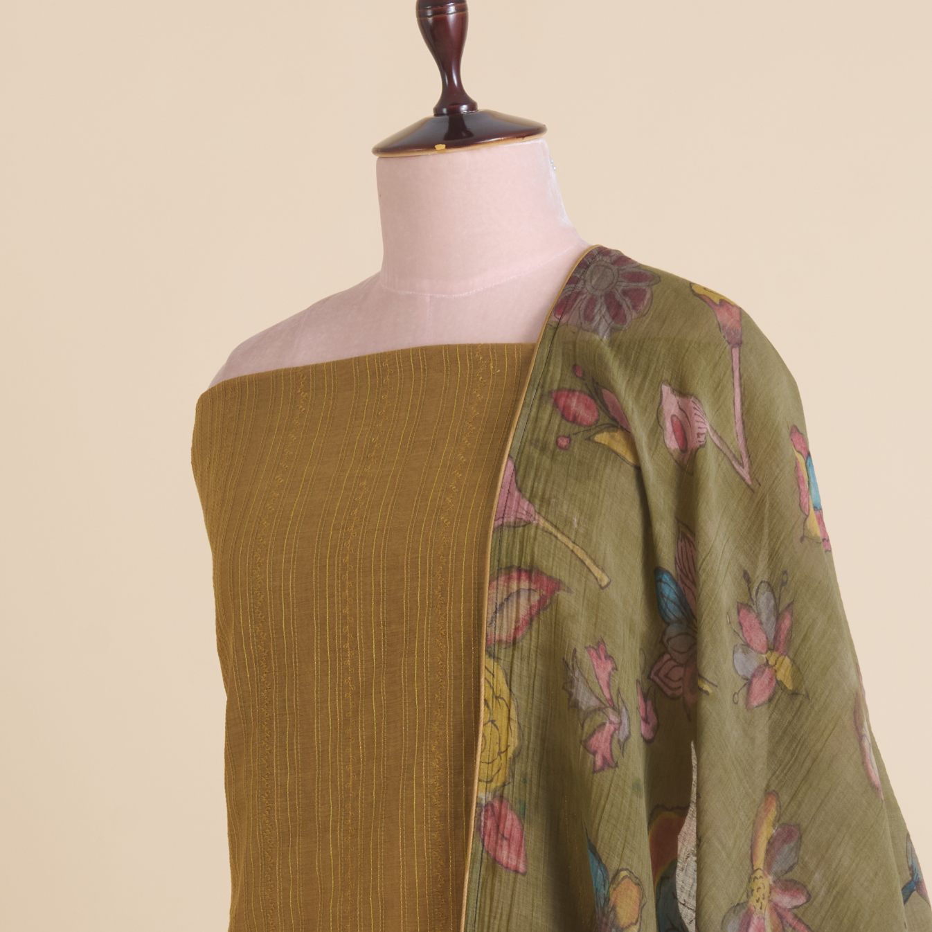 Beige Gold Fine Chanderi Self Embroidered Kurta Set