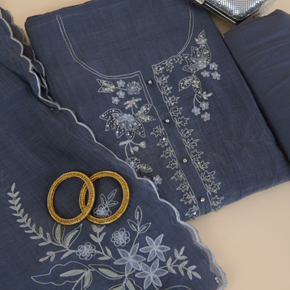 Dusty Blue Fine Chanderi Resham Embroidered Suit with Dupatta