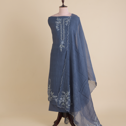 Dusty Blue Fine Chanderi Resham Embroidered Suit with Dupatta