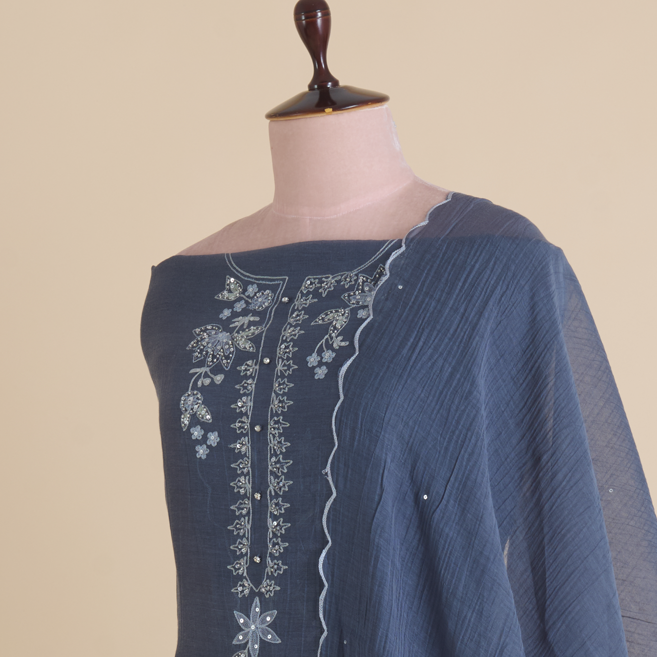 Dusty Blue Fine Chanderi Resham Embroidered Suit with Dupatta