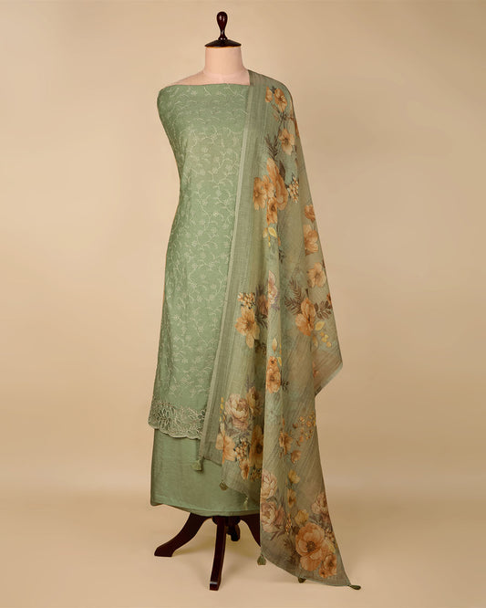 Dusty Green Chanderi Suit with Embroidery and Floral Digital Printed Dupatta