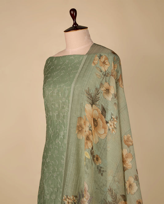 Dusty Green Fine Chanderi Embroidered Suit with Floral Dupatta