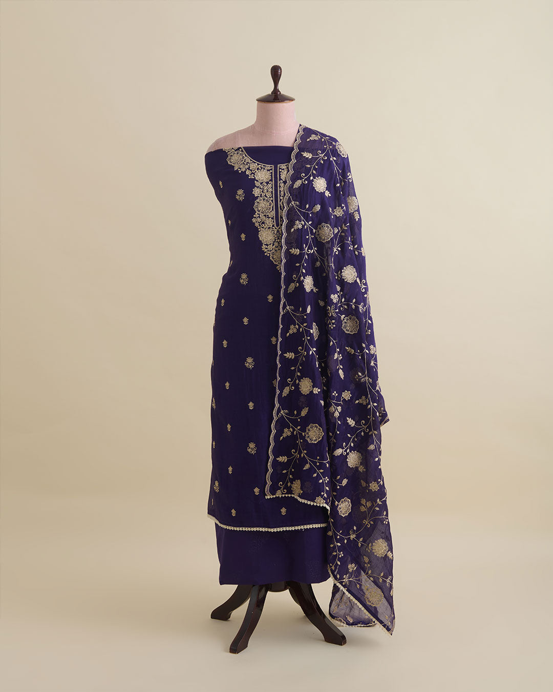 Dark purple Mal Chanderi kurta set with resham embroidery and butti dupatta