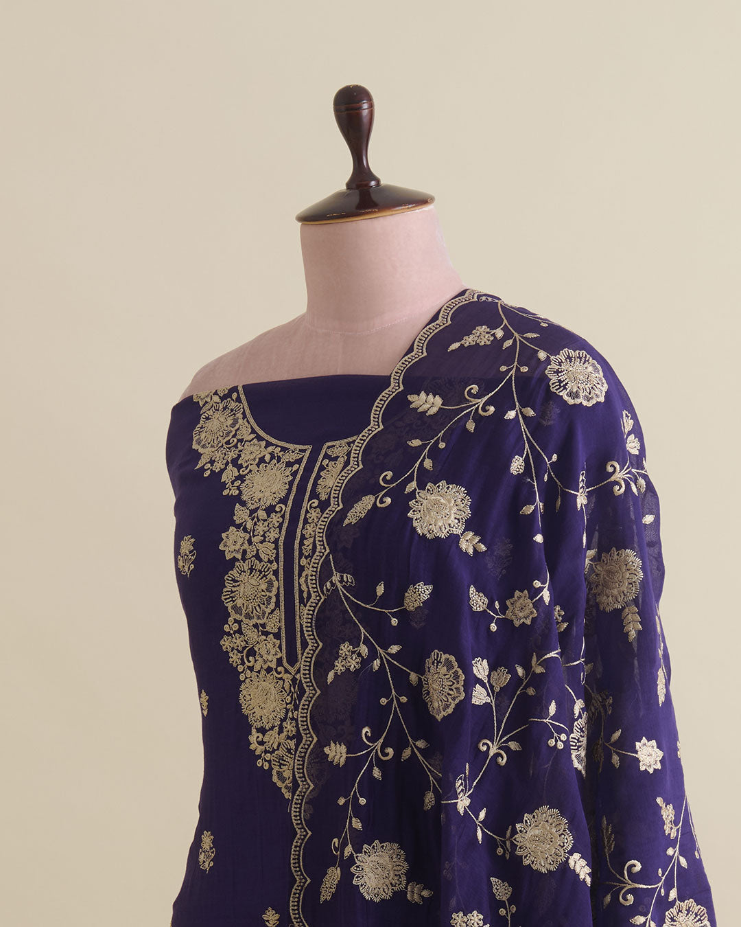 Dark purple Mal Chanderi kurta set with resham embroidery and butti dupatta