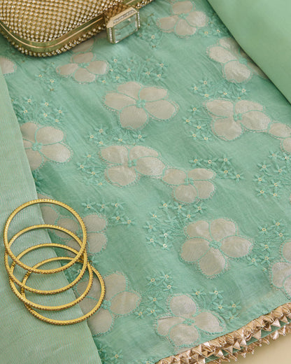 Green Mal Chanderi Appliqué Embroidered Suit Set