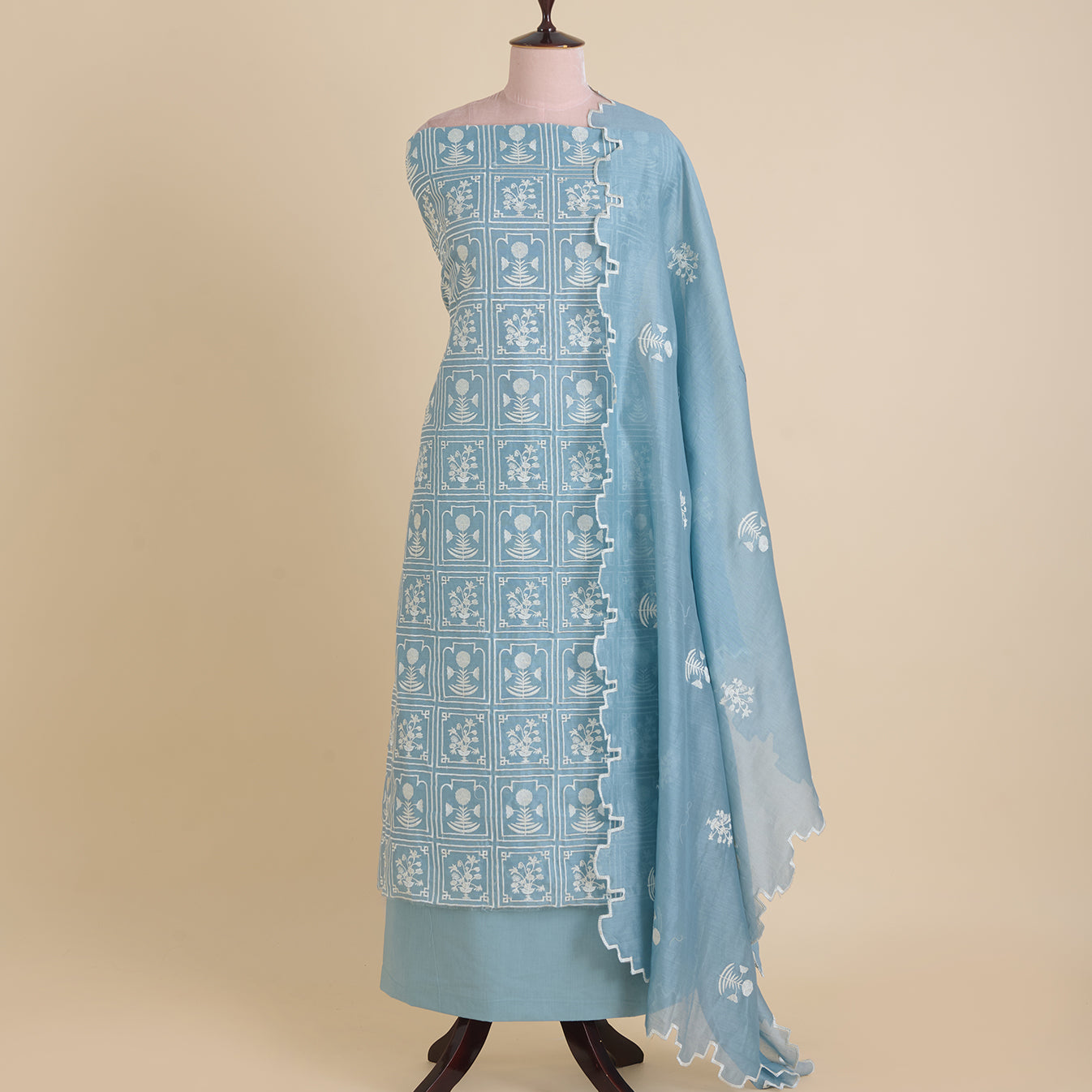 Grey Fine Chanderi Thread Embroidered Kurta with Dupatta