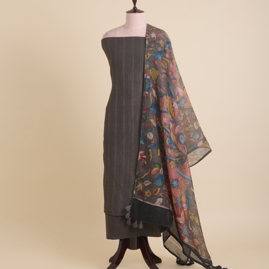 Grey Fine Chanderi Self Embroidered Kurta Set
