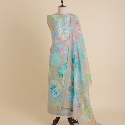 Grey Multi Colour Fine Chanderi Printed Suit with Embroidered Dupatta