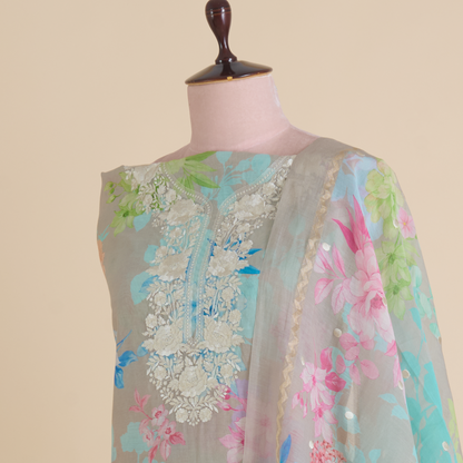 Grey Multi Colour Fine Chanderi Printed Suit with Embroidered Dupatta
