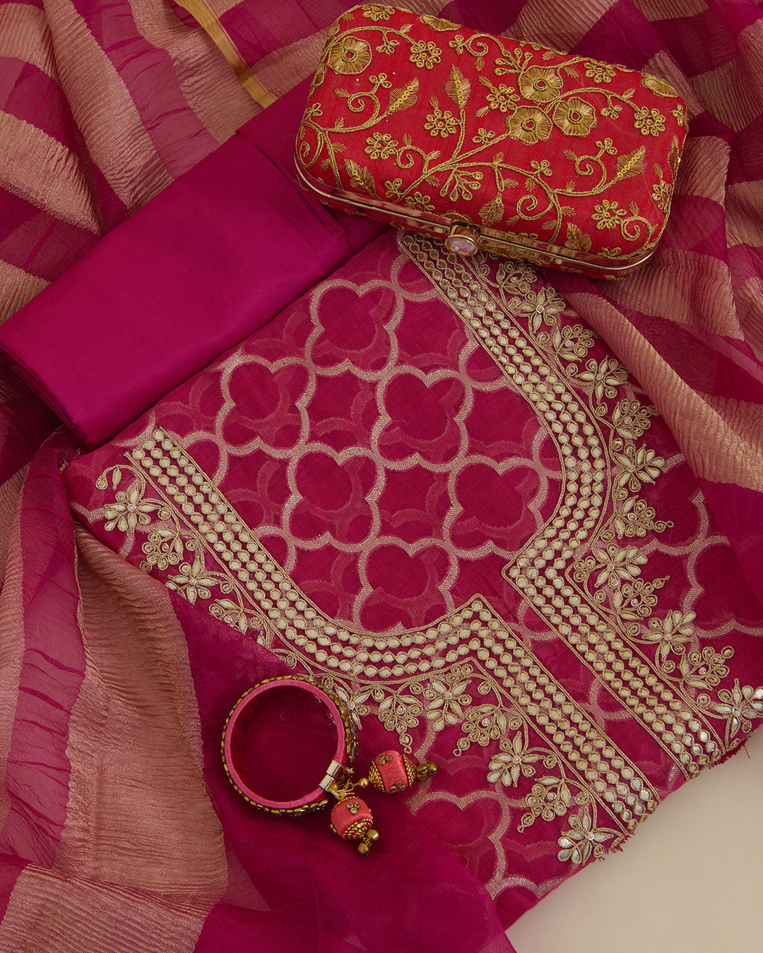 Hot pink Mal Chanderi woven kurta set with dori, gota, pearl and sequin neck work, tissue organza dupatta and shantoon bottom